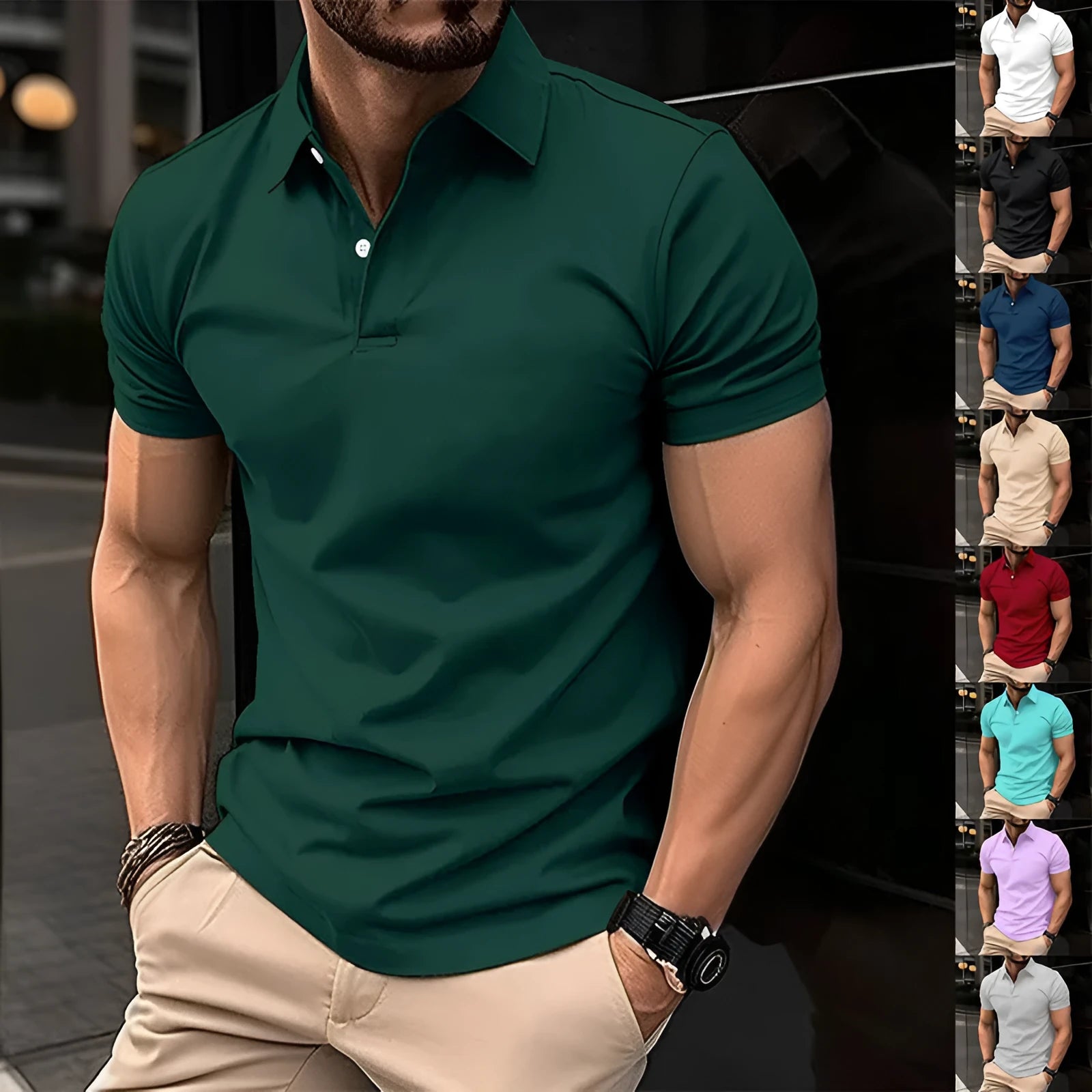 Men's solid colour short sleeve polo shirt with button lapel collar in a cotton-nylon blend fabric