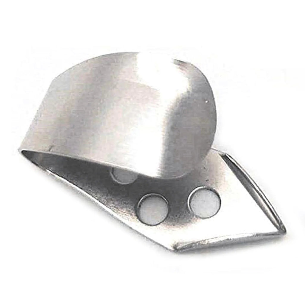 Four metal guitar finger stalls with silver tone finish for musical instrument playing