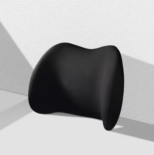 Black memory cotton car headrest and back cushion positioned on a car seat.