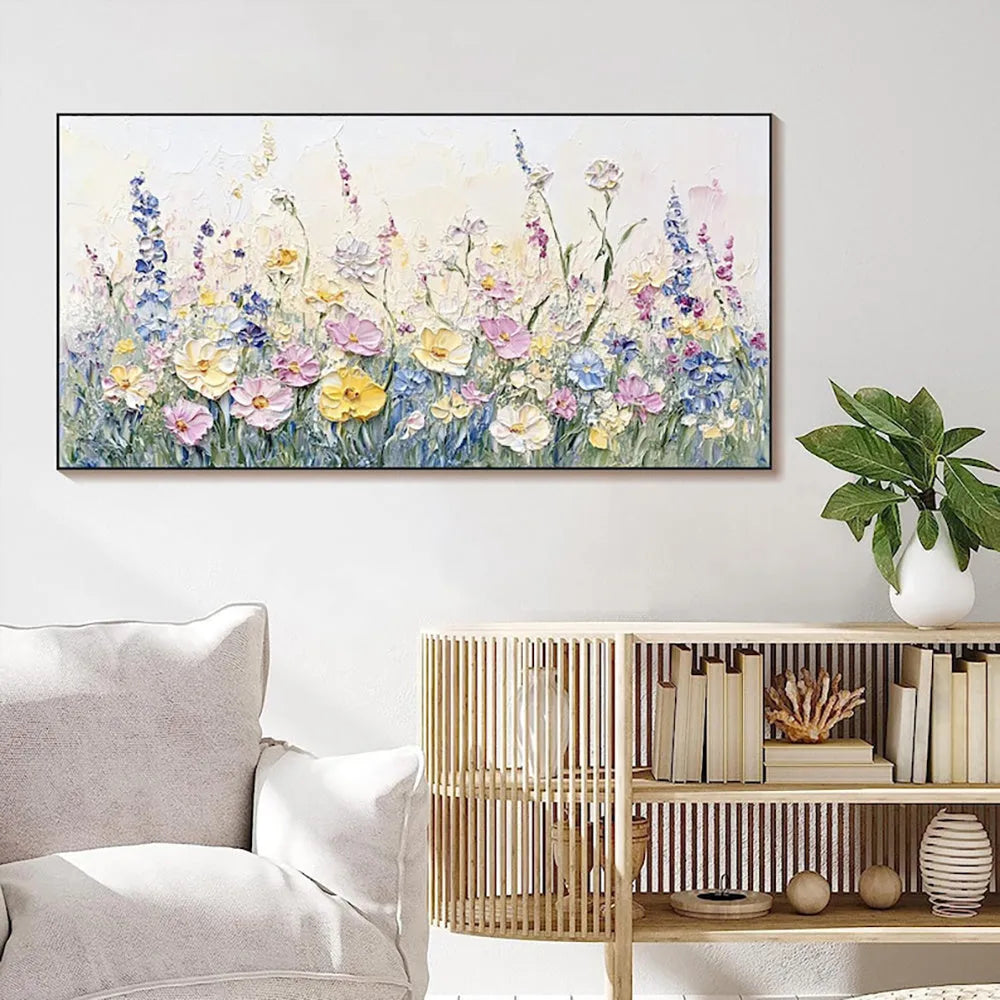 Handmade oil painting canvas wall art with 3D palette knife flowers in modern style, horizontal orientation, frameless and rolled