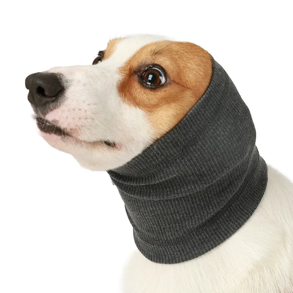 Blue or grey polyester dog headband scarf shown in small, medium, and large sizes.