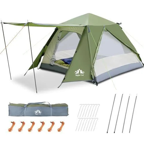 Dark green two-person pop-up camping tent showing automatic frame and waterproof rainfly