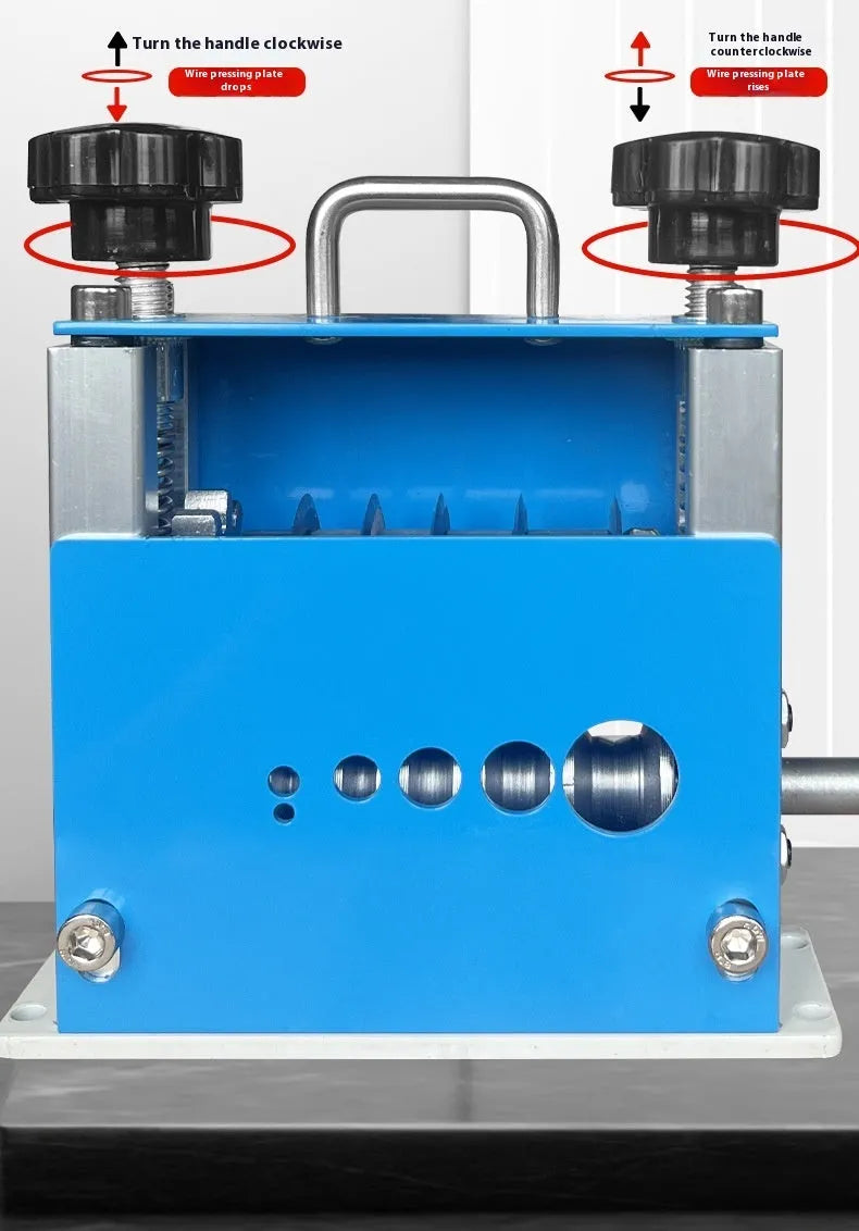 SD-017 manual wire stripping machine on a workbench, showing adjustable blades for 0.5-17mm wires.