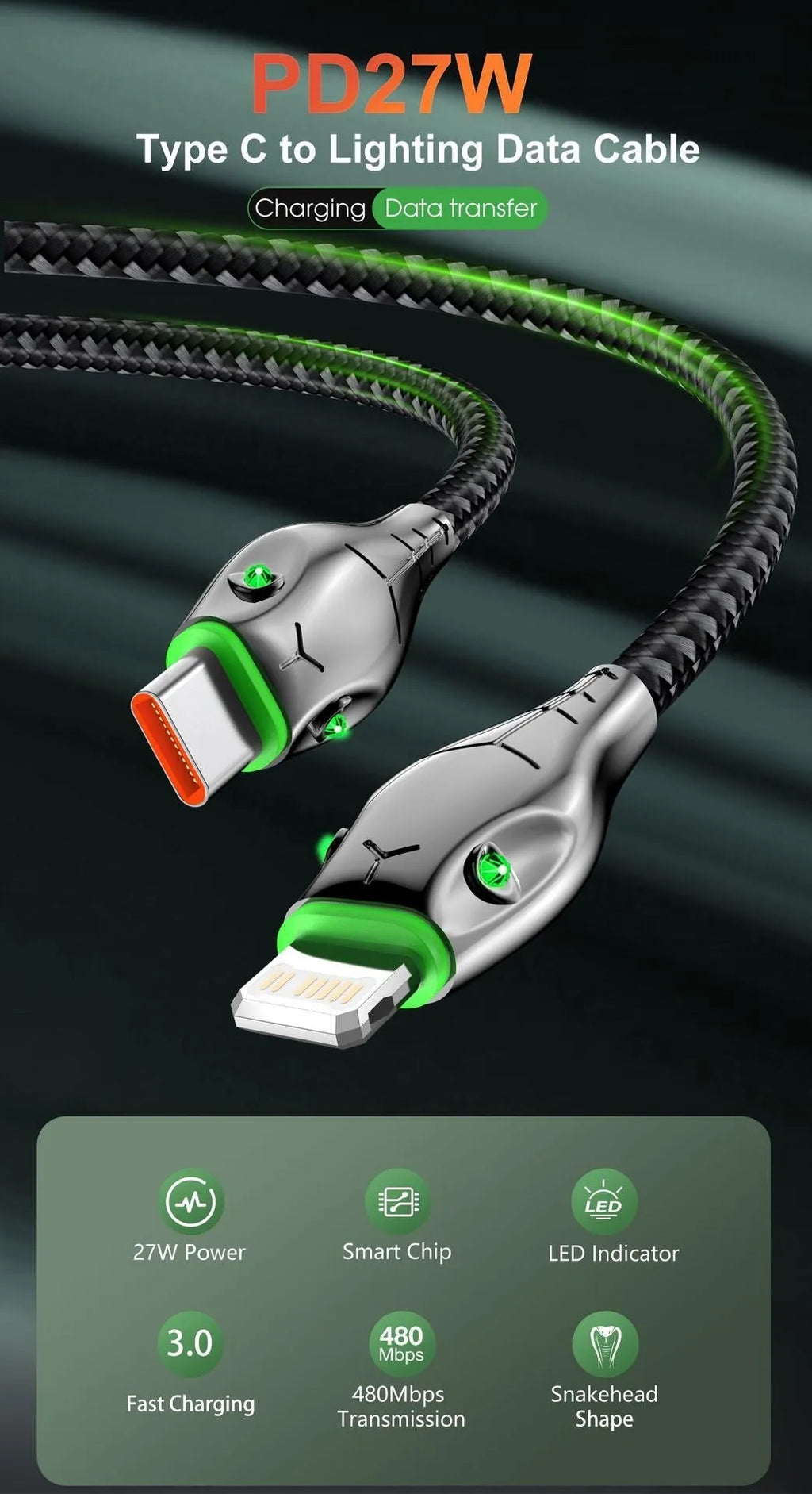 Black PD27W fast charge data cable with zinc alloy connector and indicator light for phone and tablet