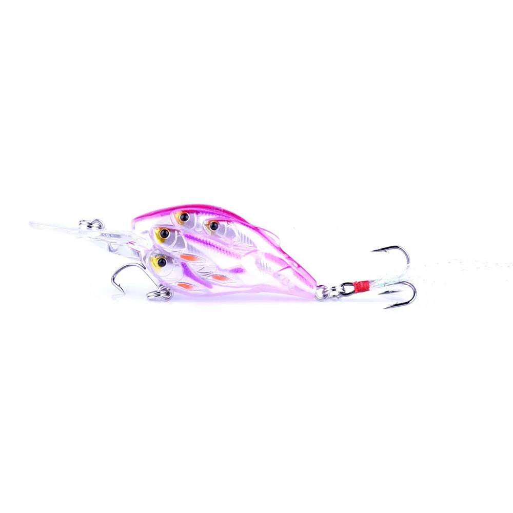 Set of nine multi-colour ABS plastic hard bait fishing lures with feather hooks.