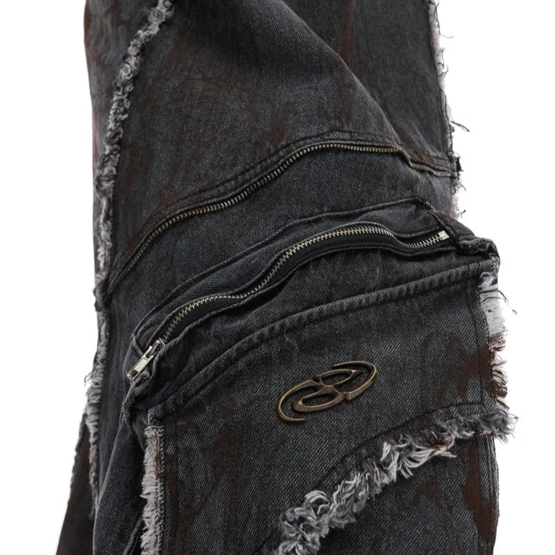 Black raw edge distressed denim coat and pants set with a splash-dyeing gradient pattern