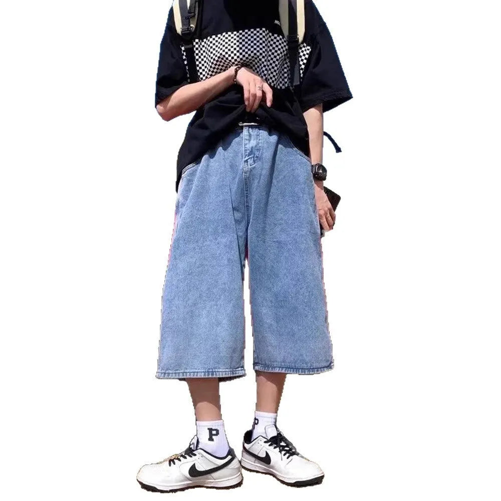 Men's blue washed denim pirate shorts with a cropped length, high waist, and straight leg.