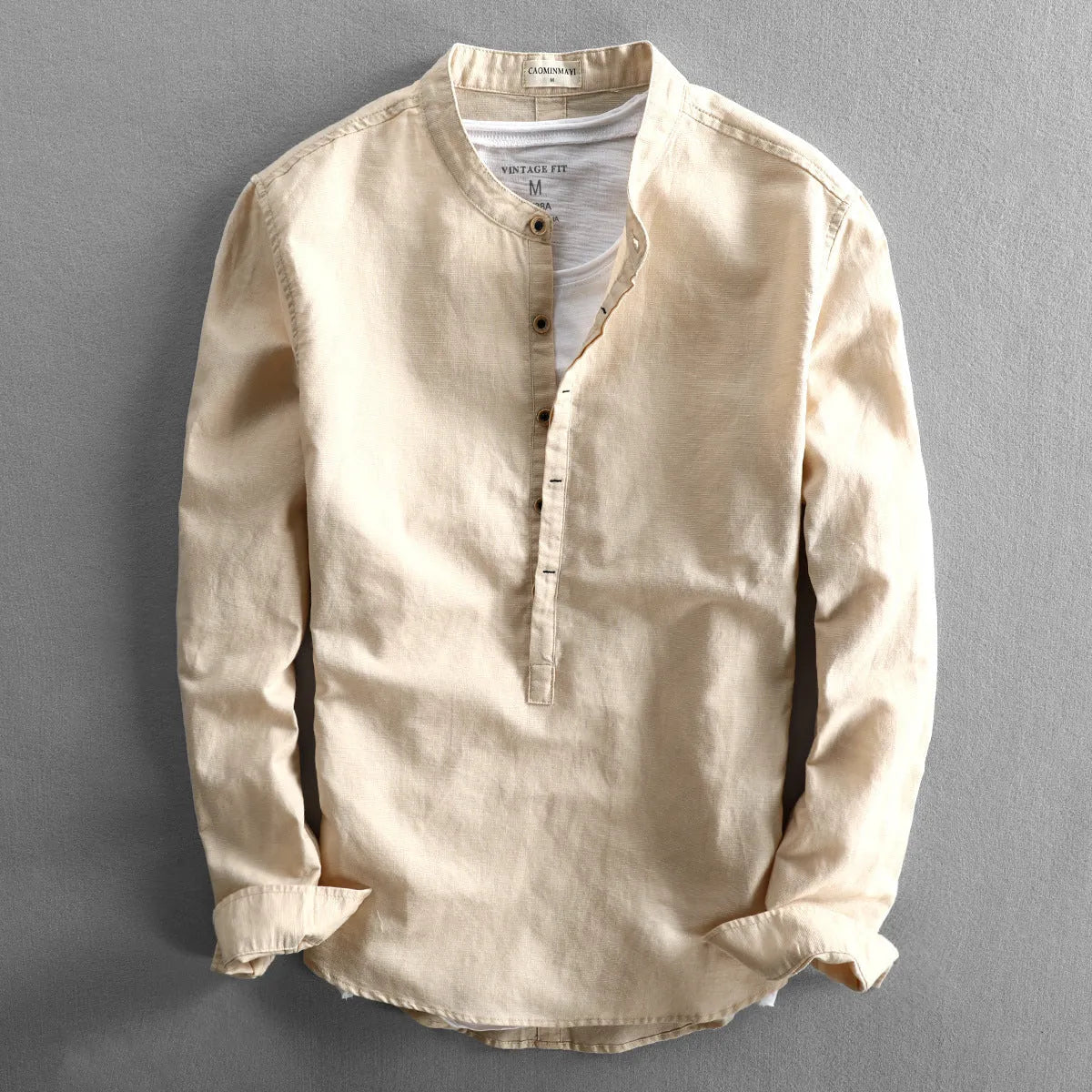 Men's casual long linen sleeves shirt loose solid colour light gray front view