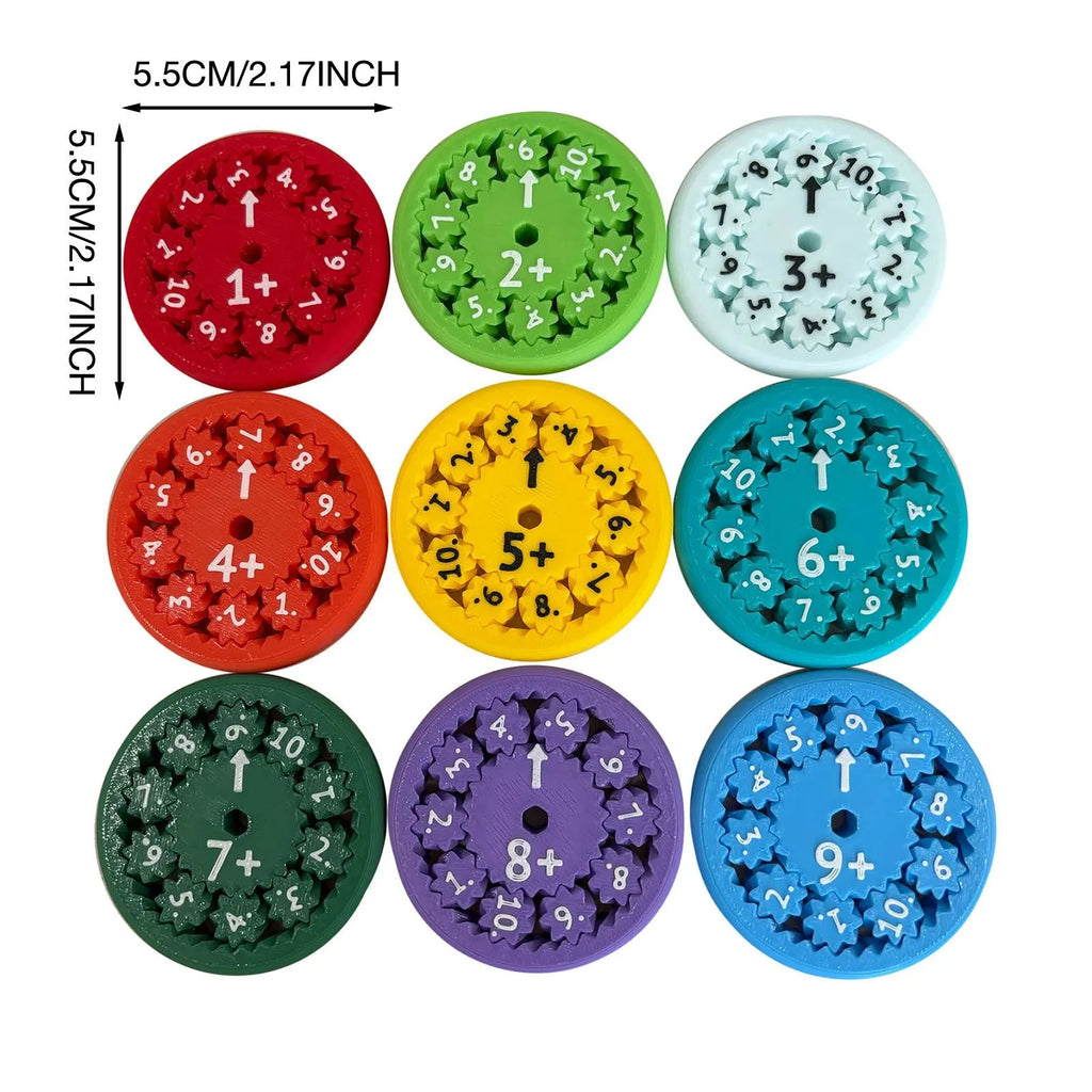 Nine plastic math fidget spinners in two colour sets for addition subtraction and multiplication division