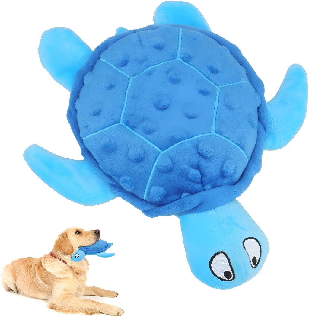 Blue squeaky sea turtle plush dog toy with durable mesh material for small dogs.