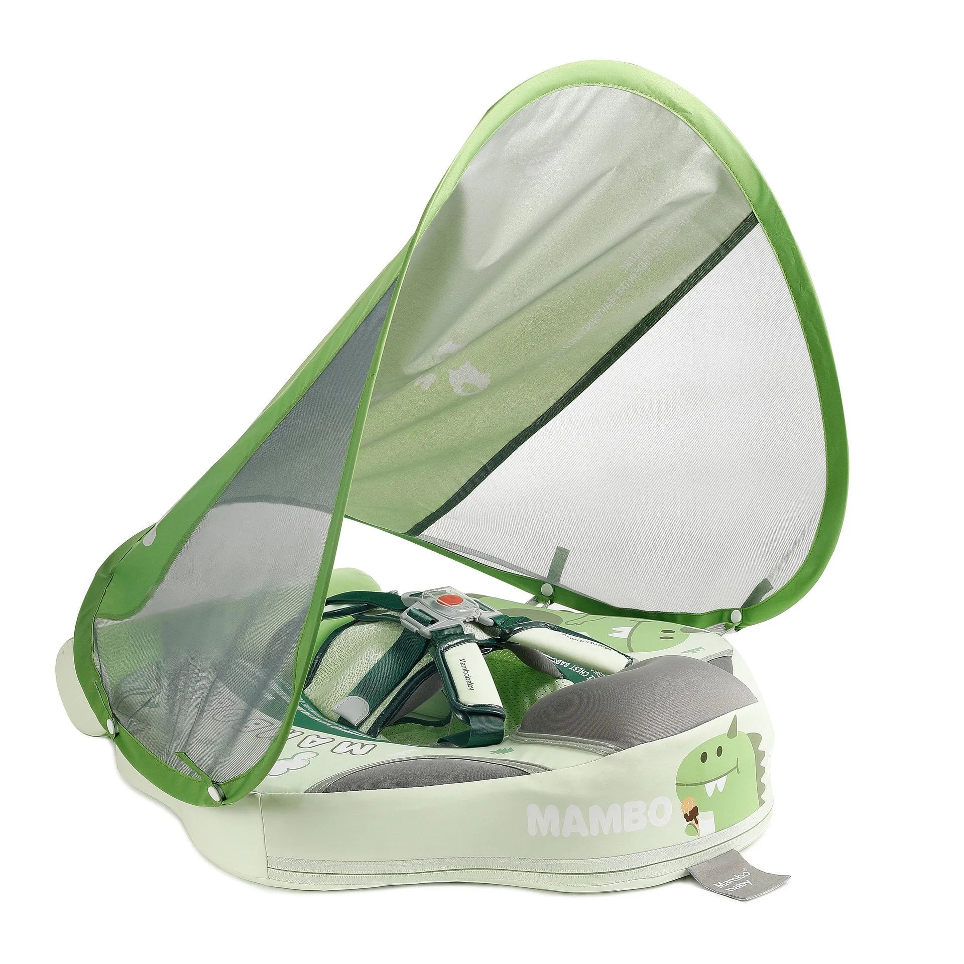 Avocado green dinosaur baby swimming ring with sun shade for infants 3-24 months
