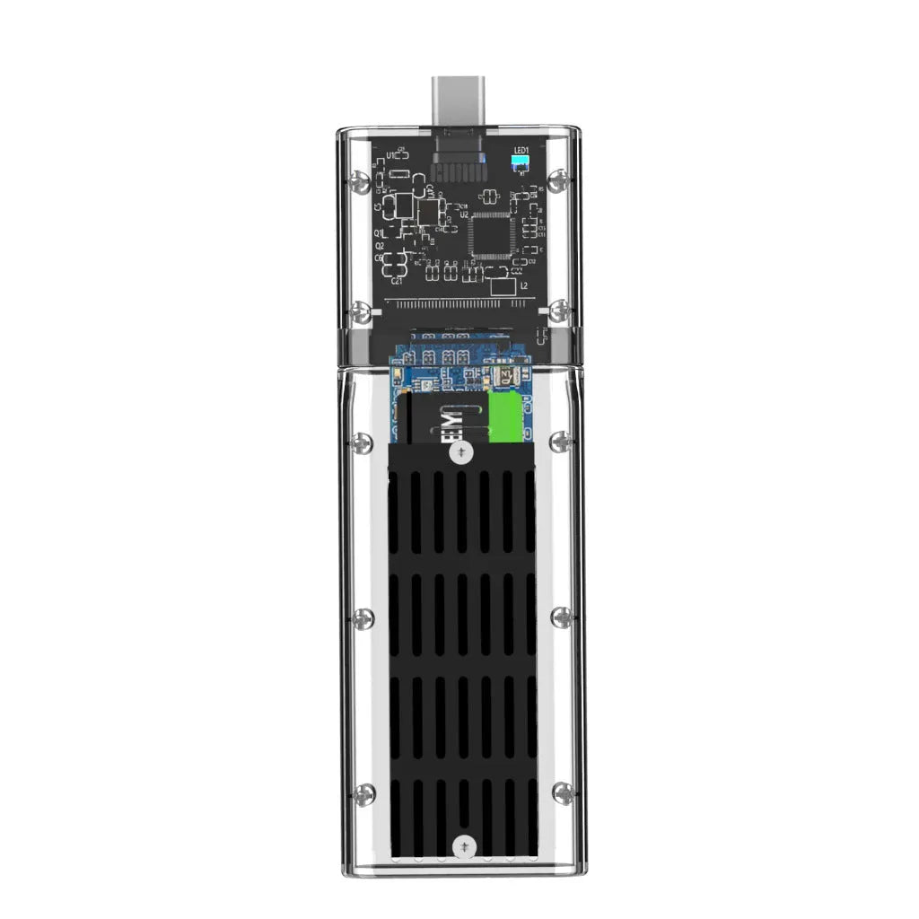 Compact 2.5-inch SATA USB hard drive enclosure in ABS, 45 x 38 x 12mm, available in black, blue, gold, and transparent K1715S.