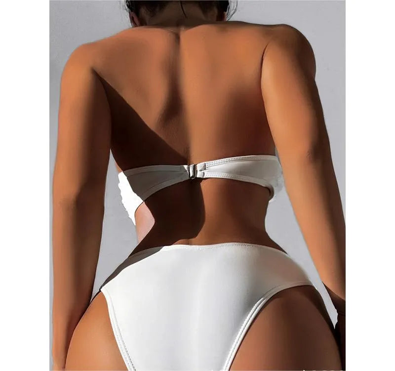 Women's white nylon tube top and high waist brief bikini swimsuit set