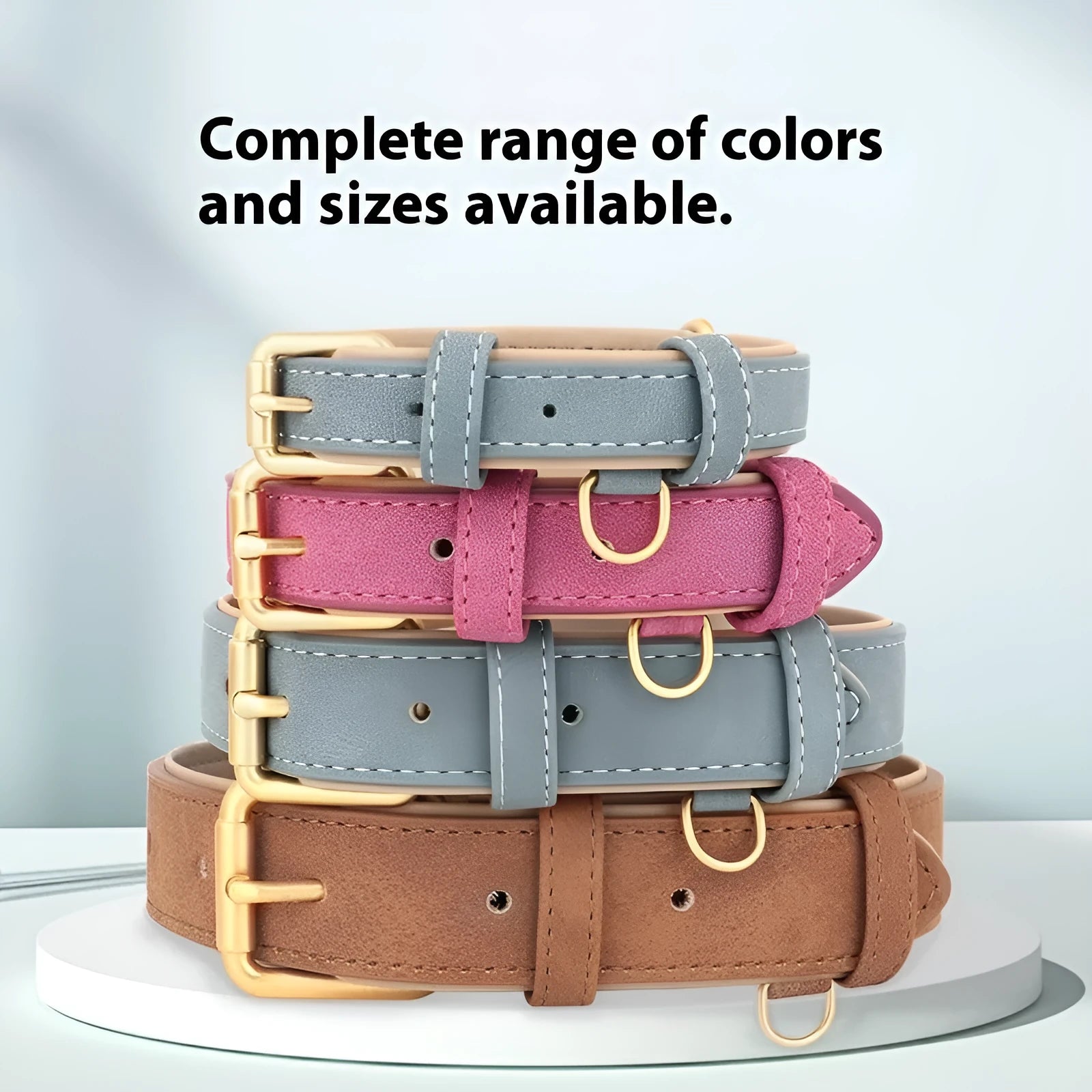 A double-layer leather dog collar with mohair detail and a matching lead, shown in blue, brown, and rose red.