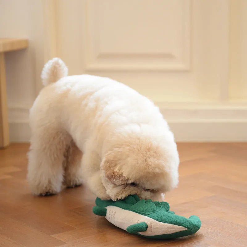 Green soft plush toy dog measuring 35 cm long on a white background
