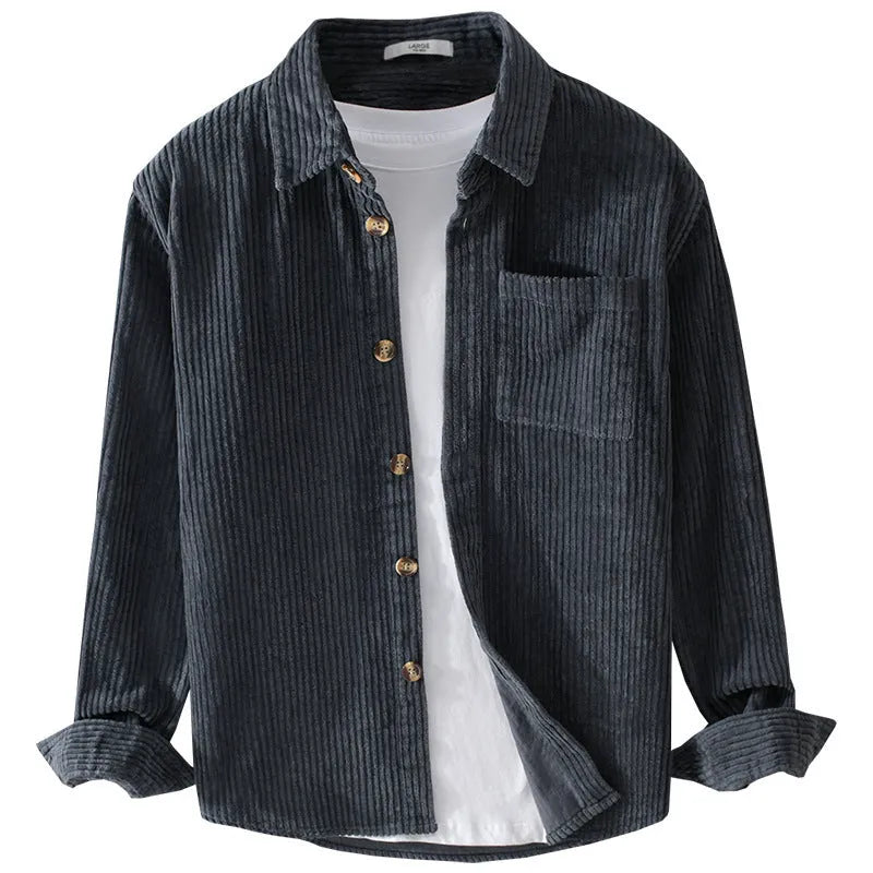 Men's cotton corduroy long sleeve button shirt with lapel collar and chest pocket in khaki, green, or gray blue.