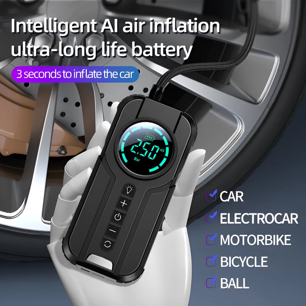 Black wireless car tyre inflator with digital display, battery, and accessories including nozzles and carry bag.