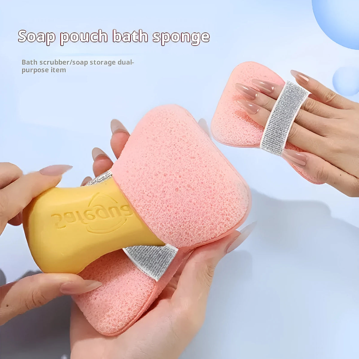 Soap bag bath sponge in hydrophilic polyurethane, 12x8.5x2cm, with foaming cotton, in Cherry Blossom Pink or Mango Yellow.