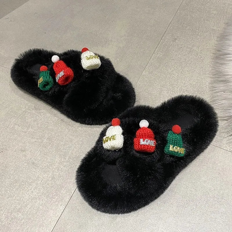 Women's Christmas slippers with faux plush hairy hat decoration, rubber sole, in black, khaki, or white.
