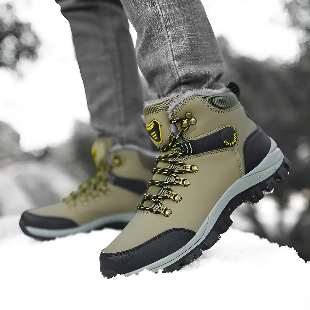 Men's winter snow boots in black, grey, or khaki with plush lining, lace-up front, and TPR sole.