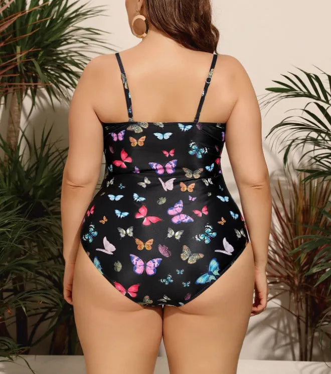 Plus size women's black one piece swimsuit with print pattern, high elasticity polyester fabric, size 2XL