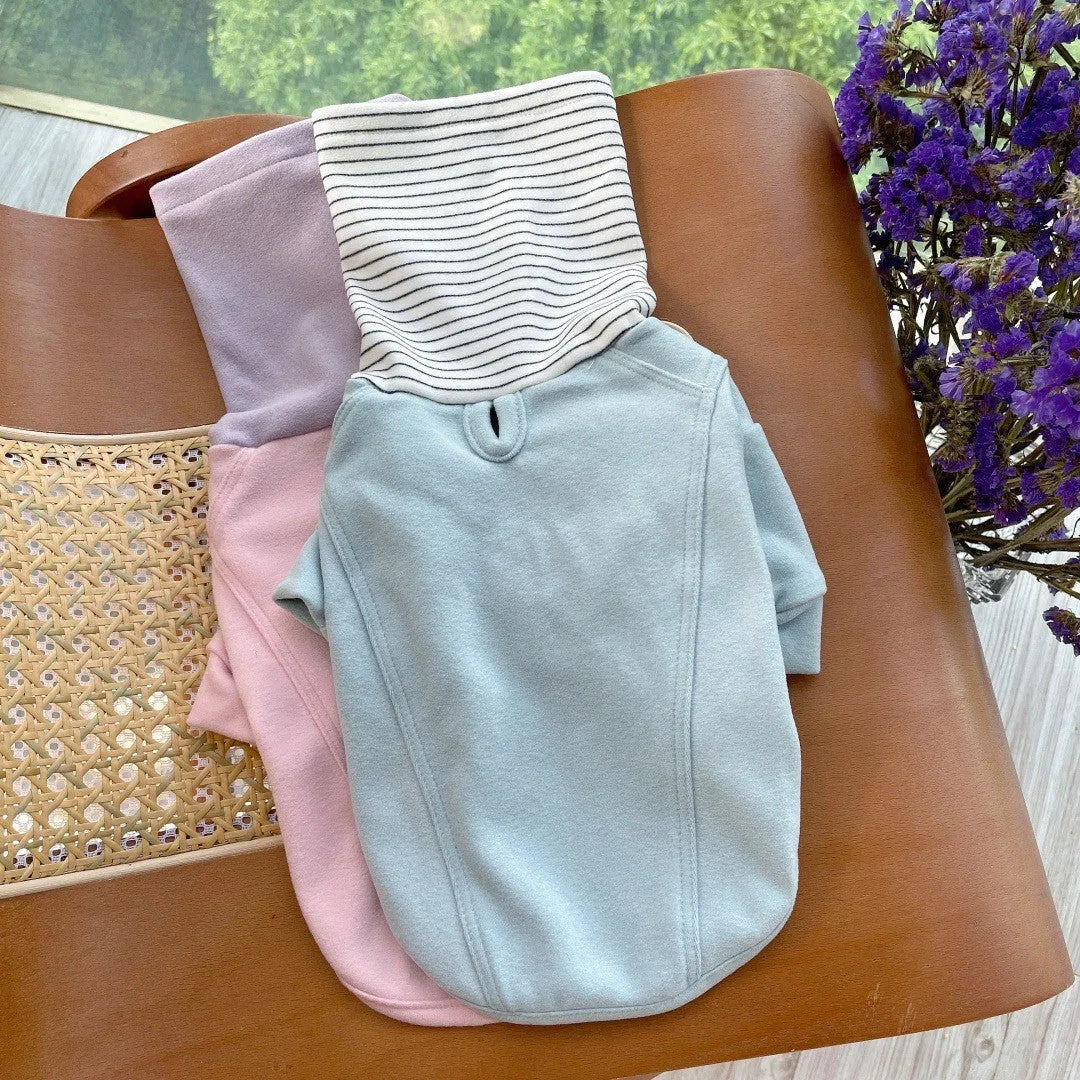 Colour block high collar dog shirt in pink, light blue, or brown, polyester pet clothes