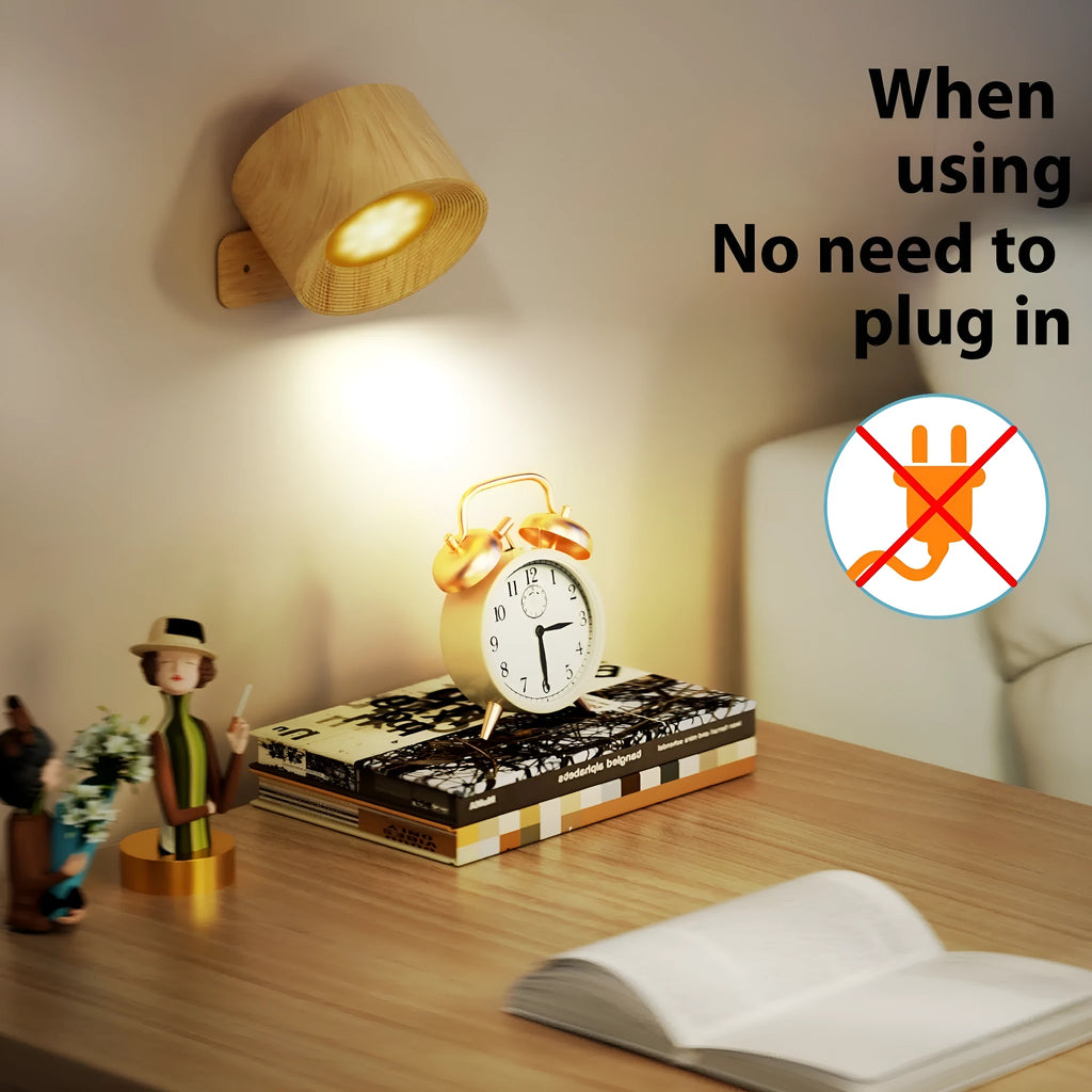 Circular wood grain wiring-free magnetic suction night light with remote control and base