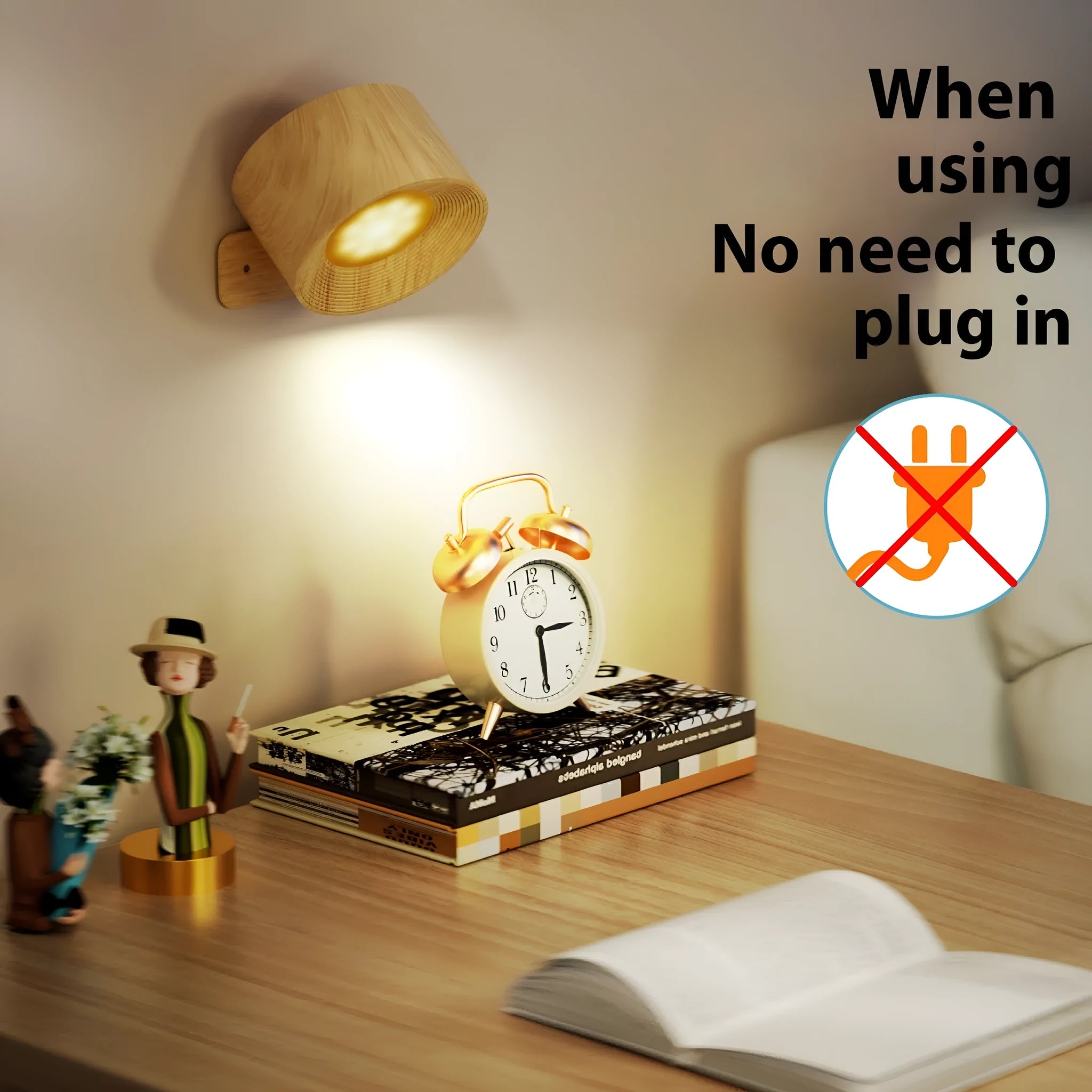 Circular wood grain wiring-free magnetic suction night light with remote control and base