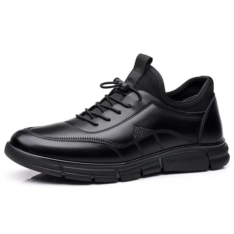 Men's black casual leather business shoes with a round toe and square low heel.