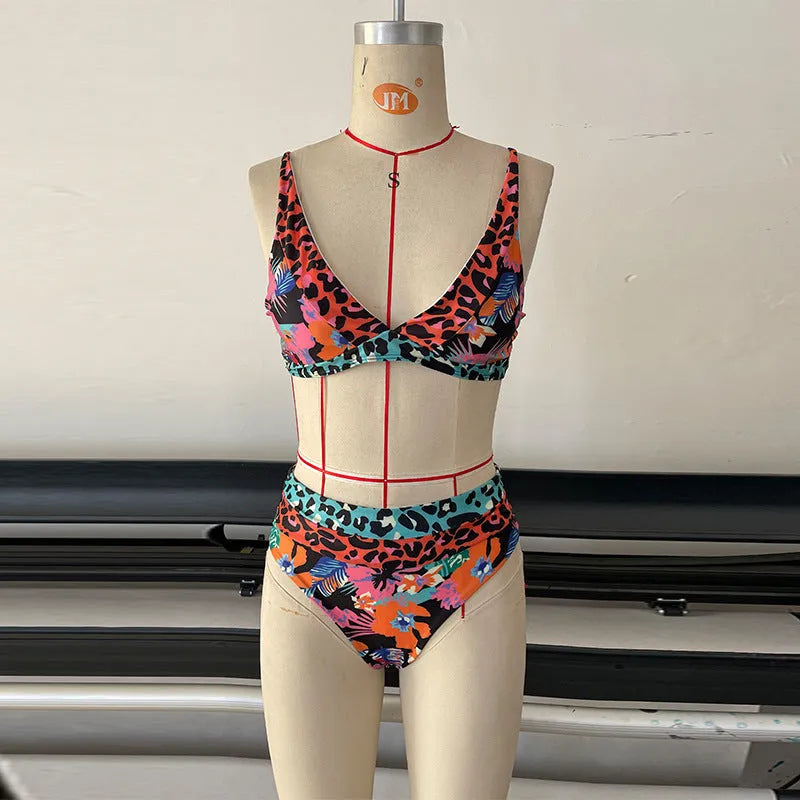 Women's floral print high-waist bikini set for swimming.