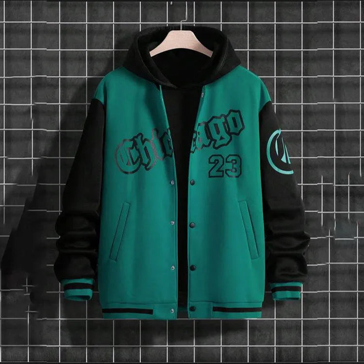 Baggy American baseball jacket in black with letter pattern, loose fit, polyester blend with velvet lining