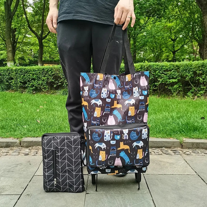 Folding shopping cart trolley bag with stainless steel frame in Black Geometry colour