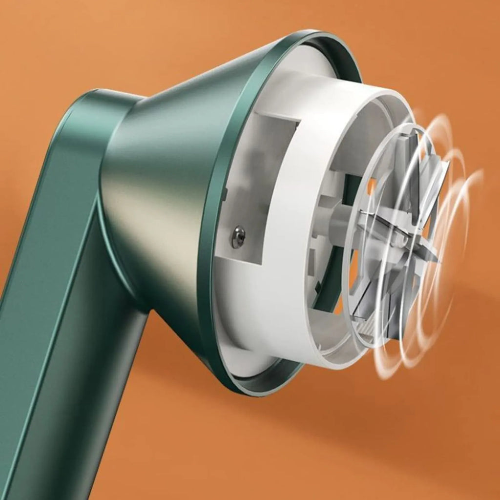 White or green USB-rechargeable electric lint remover with removable lint collection container