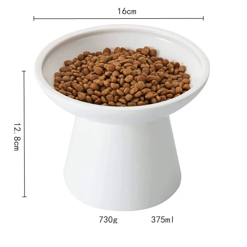 Wide shallow ceramic elevated cat food bowl in blue colour showing dimensions
