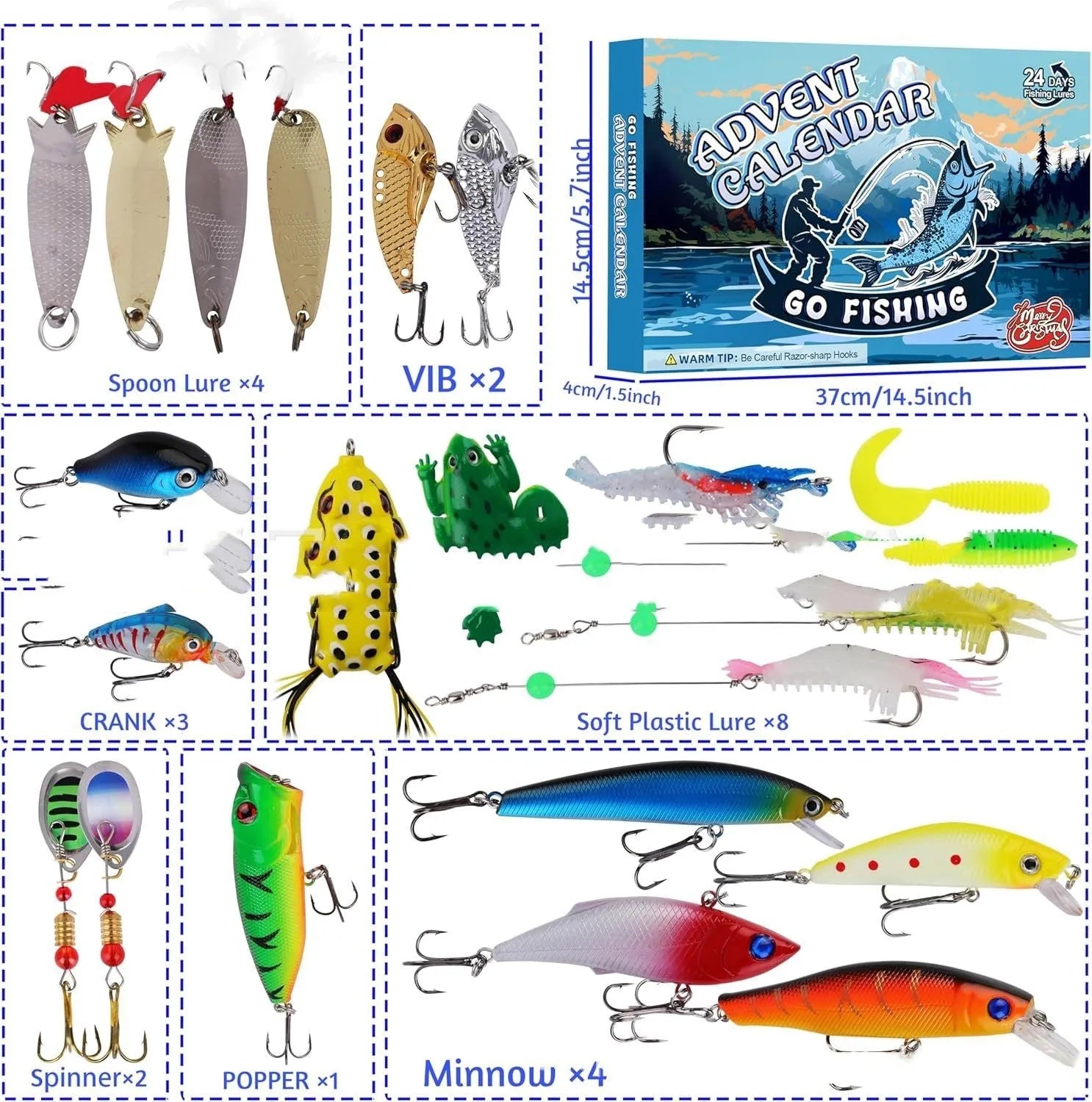 Christmas advent calendar fishing gear set in 14x9x1.5 inch decorative holiday gift box