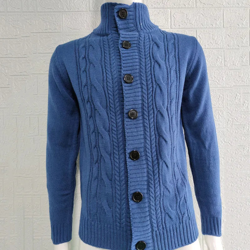 Men's stand collar acrylic knit cardigan, long sleeve, button front, ribbed hem, in black, blue, green, grey, and red