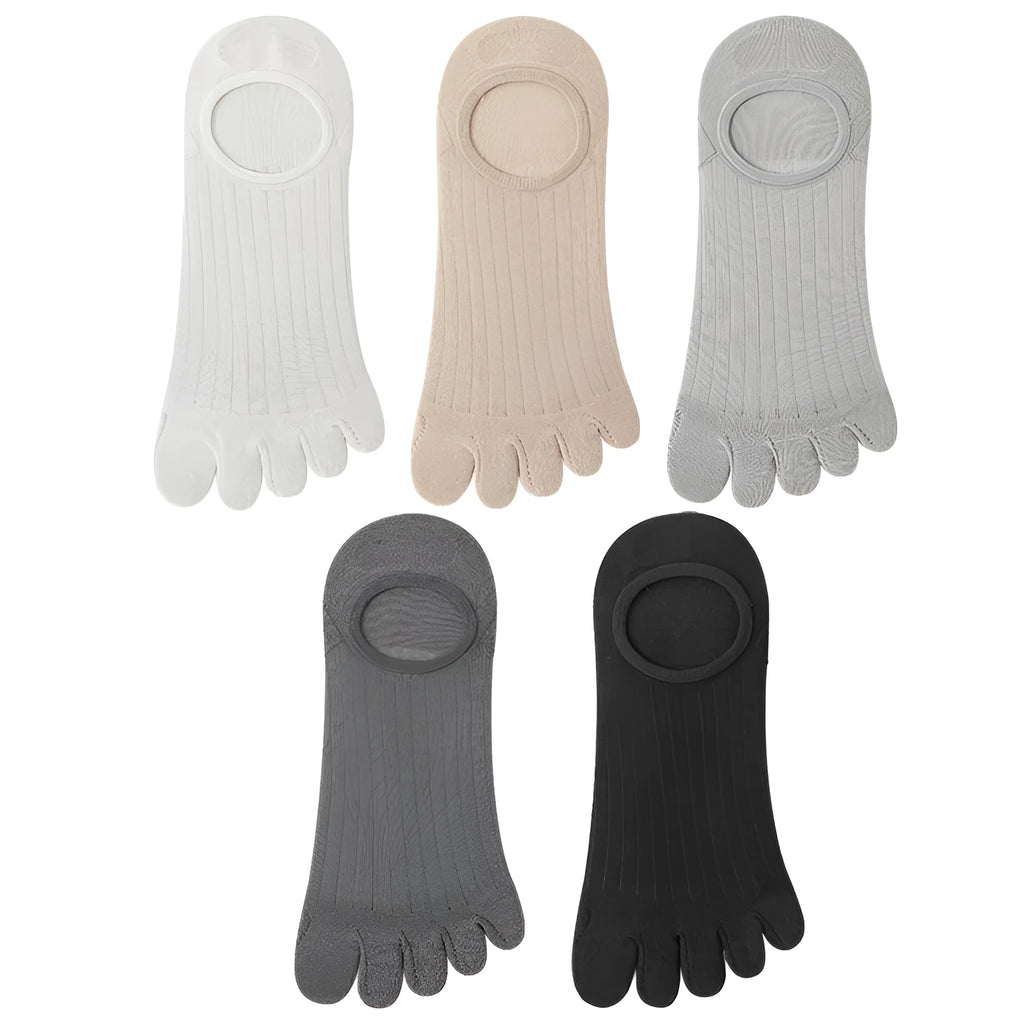 Men's five-finger invisible socks in modal fabric shown in black, white, grey, and khaki colours.