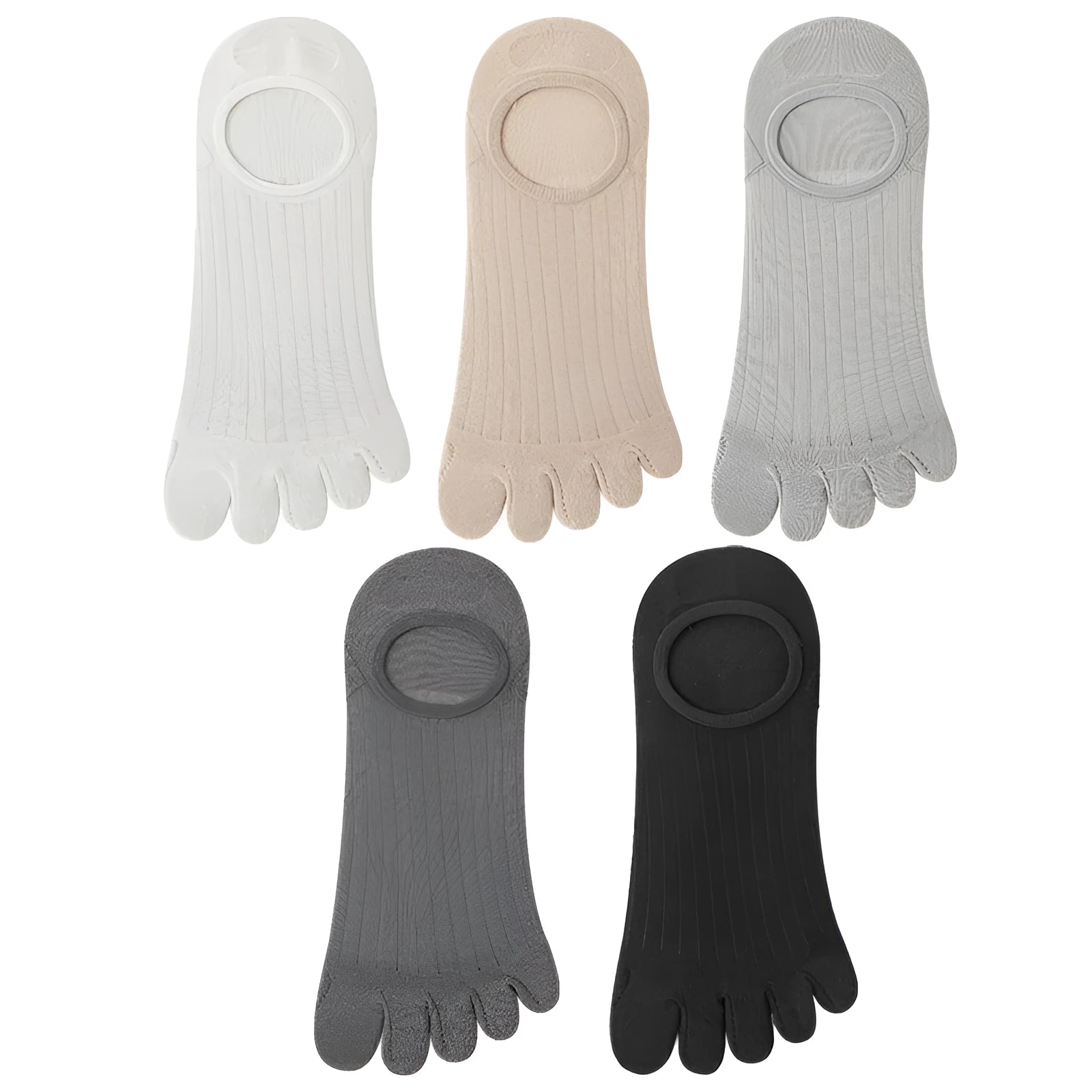 Men's five-finger invisible socks in modal fabric shown in black, white, grey, and khaki colours.