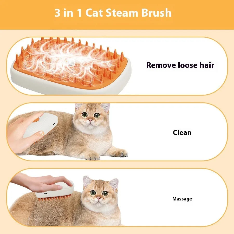 USB rechargeable pet steam brush in white and orange, ABS/TPR, 11.8 x 6.8 x 5.5 cm