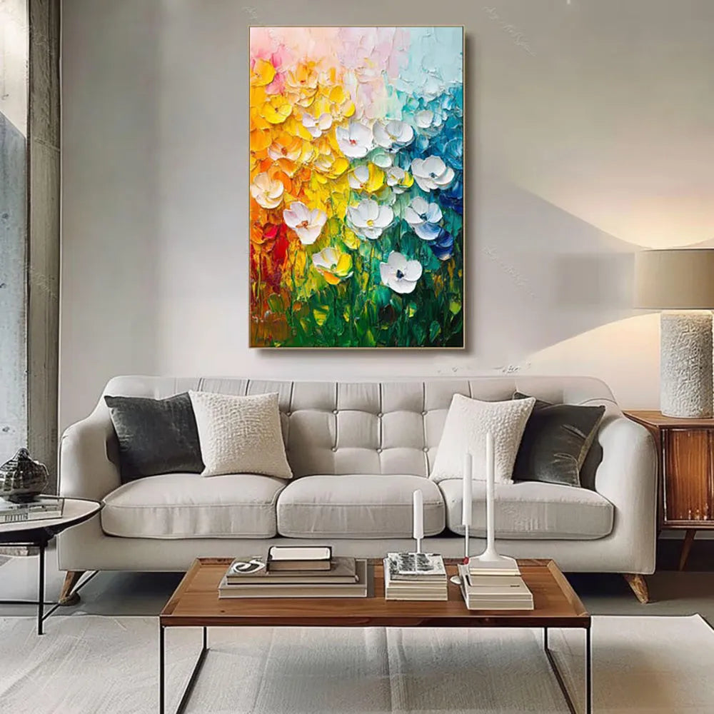Handmade oil painting on canvas with thick oil texture, vertical modern abstract flower design, rolled and unframed.