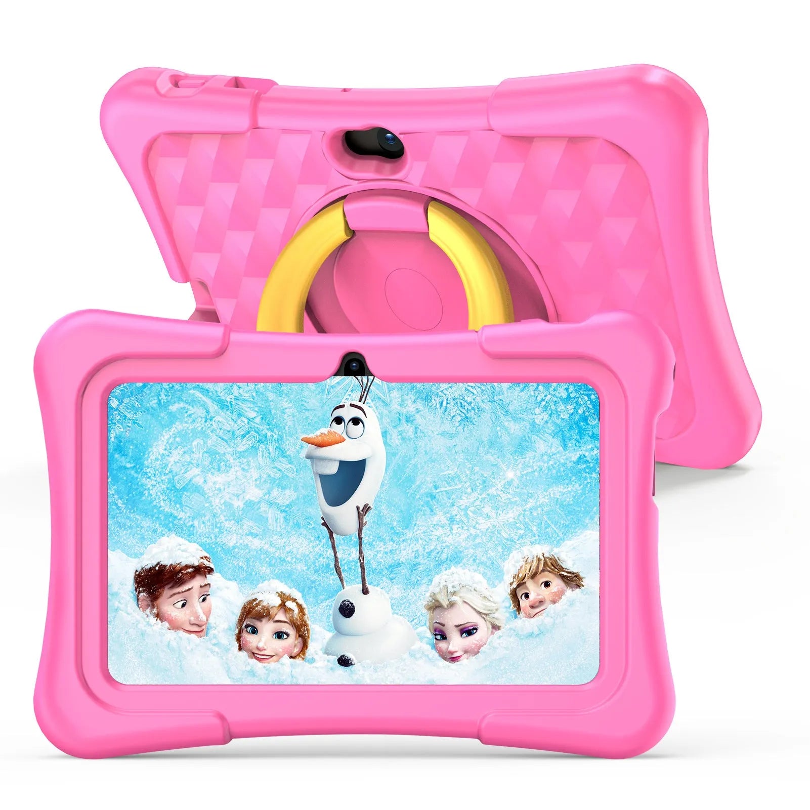 Blue children's 7-inch educational tablet with a silicone protective cover attached, sitting in its rotating handle bracket.