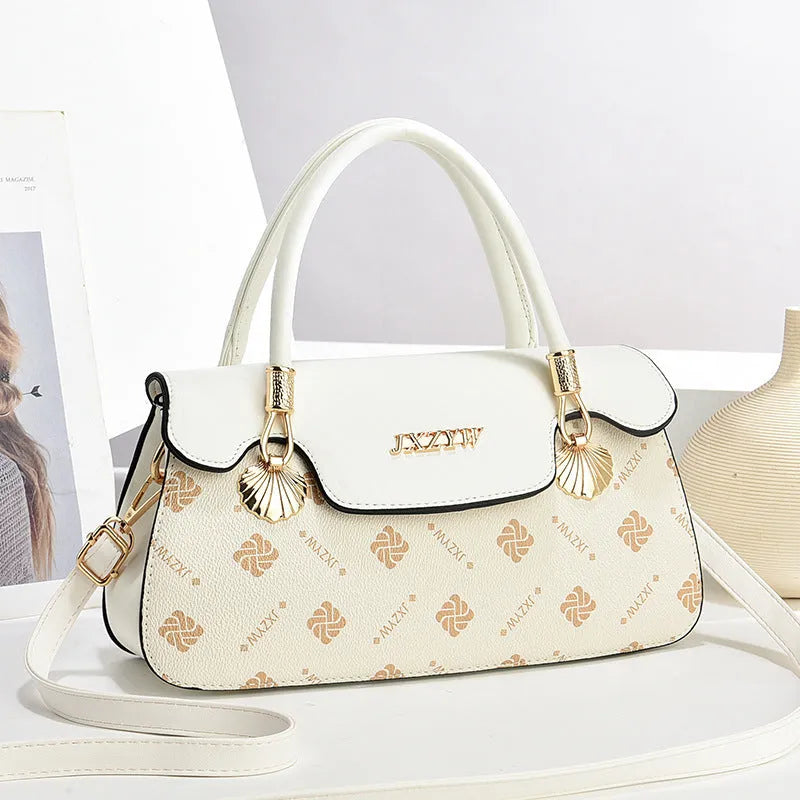 Vintage letter-printed women's cross-body bag in PU leather, brown colour, 28x9x15cm size