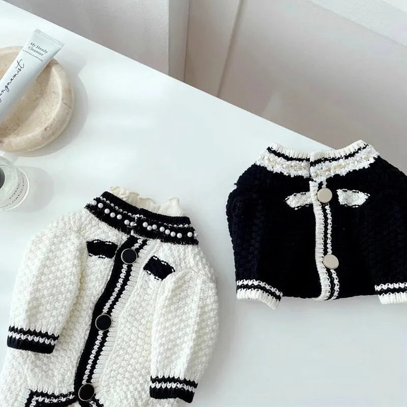 Korean style dog sweater with pearl trim collar in black or white colour for small dogs