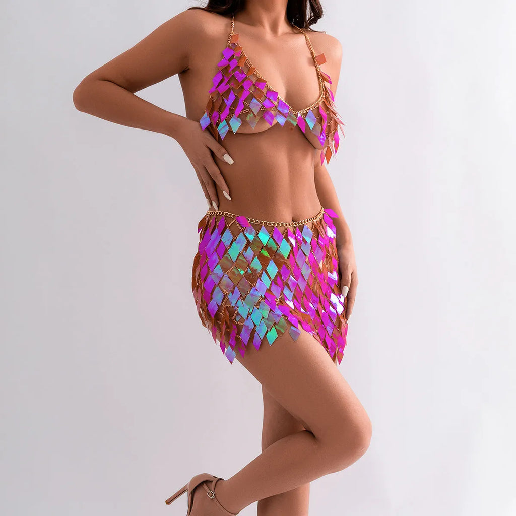 Women's geometric electroplated plastic body chain in orange colour on casual beach setting