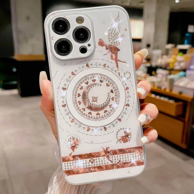 Butterfly fairy diamond magnetic phone case with rhinestone bow, TPU PC shell, pink white or rose gold