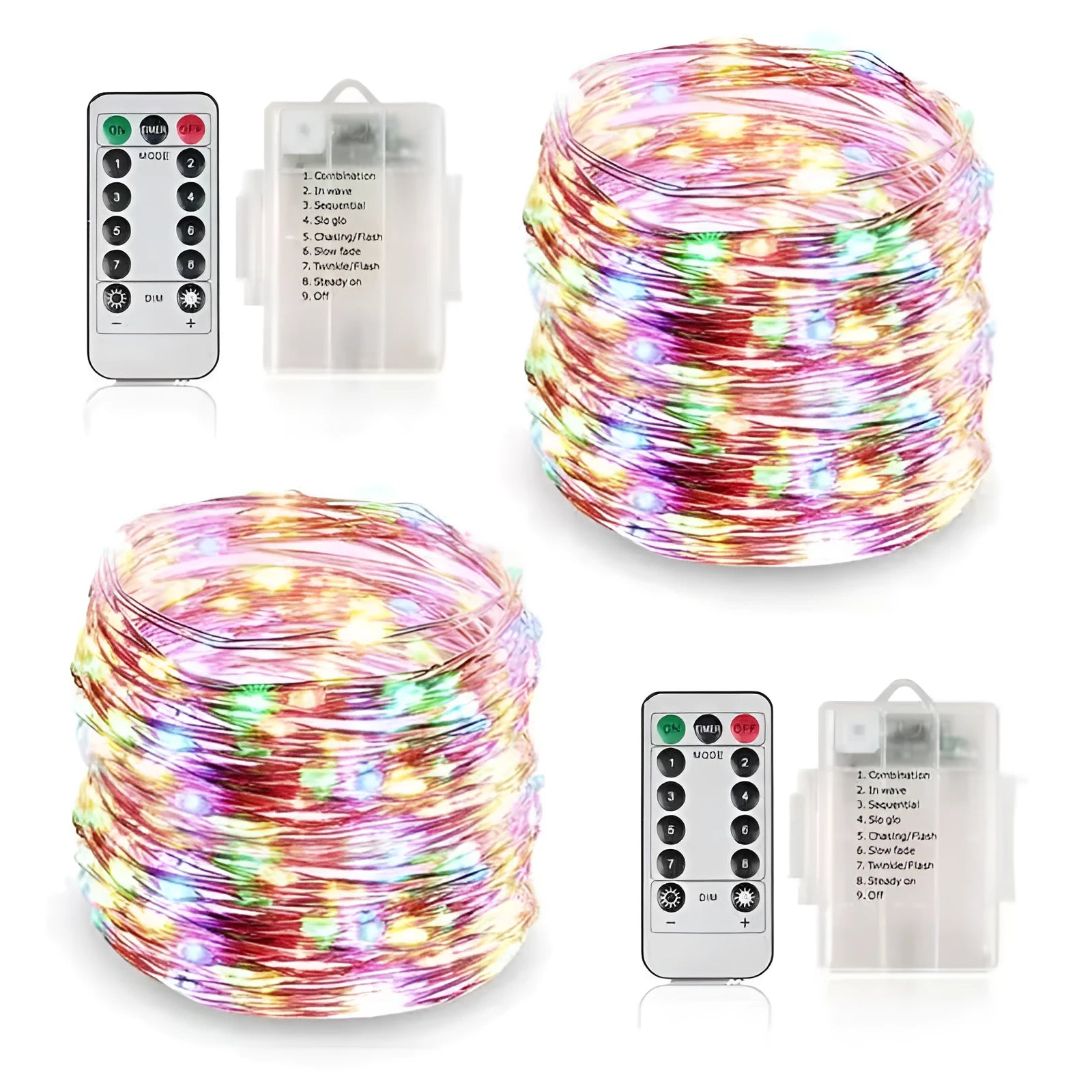 Copper wire string light with warm white LEDs wrapped around a wooden post