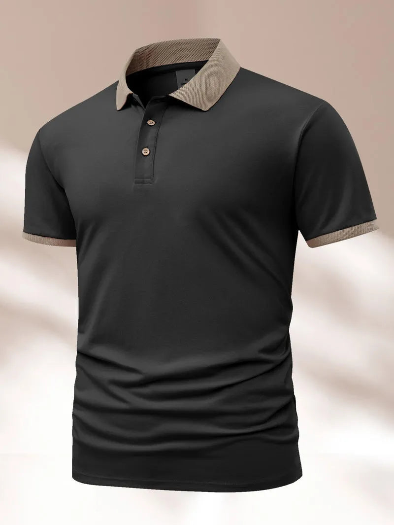 Men's green summer polo shirt with short sleeves and a black flocking design on the front.