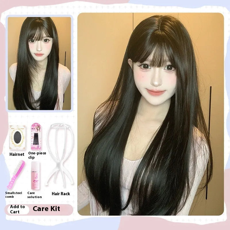 Dark brown long straight wig with full bangs for women with round face shapes