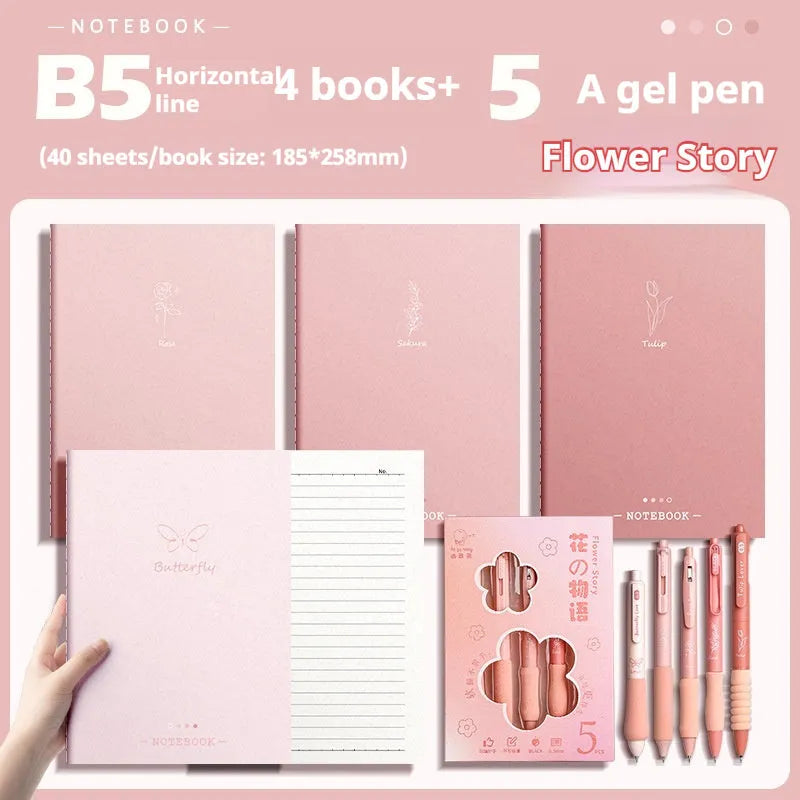 Four creative trend notebooks with paper cover in Dream on the Cloud, Cheese Grape, Flower Words, and Tea Fun designs