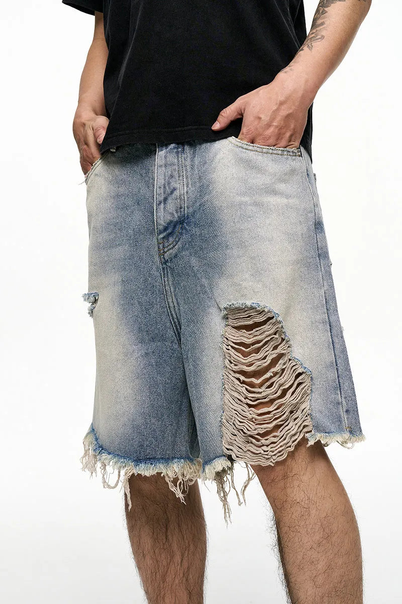 Light blue retro washed men's baggy denim shorts with wide leg and mid waist